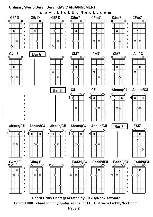 Chord Grids Chart of chord melody fingerstyle guitar song-Ordinary World-Duran Duran-BASIC ARRANGEMENT,generated by LickByNeck software.
